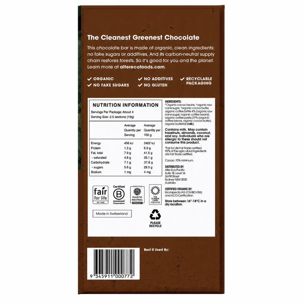Alter Eco Coffee Brittle 70% organic dark chocolate rear ingredients and nutrition label