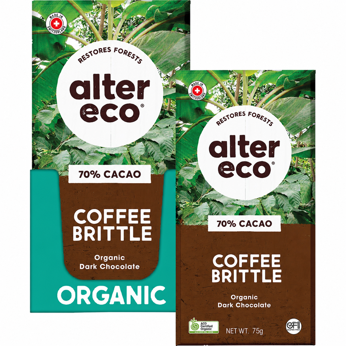 Alter Eco Coffee Brittle 70% organic dark chocolate 75g bar and display box
