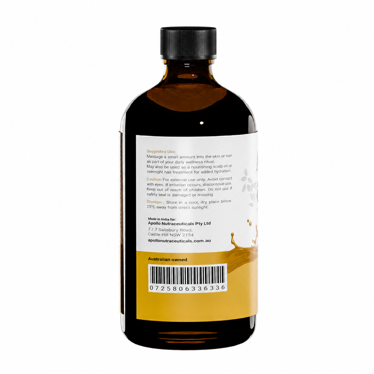 Apollo Organic Castor Oil 500ml directions and barcode label on white background
