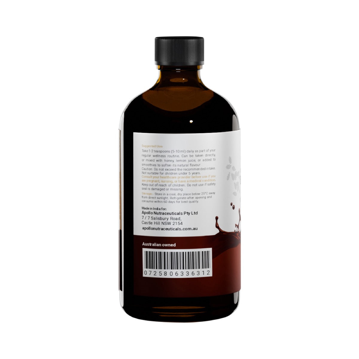 Apollo Organic Black Seed Oil TQ 2% 100ml directions and barcode label
