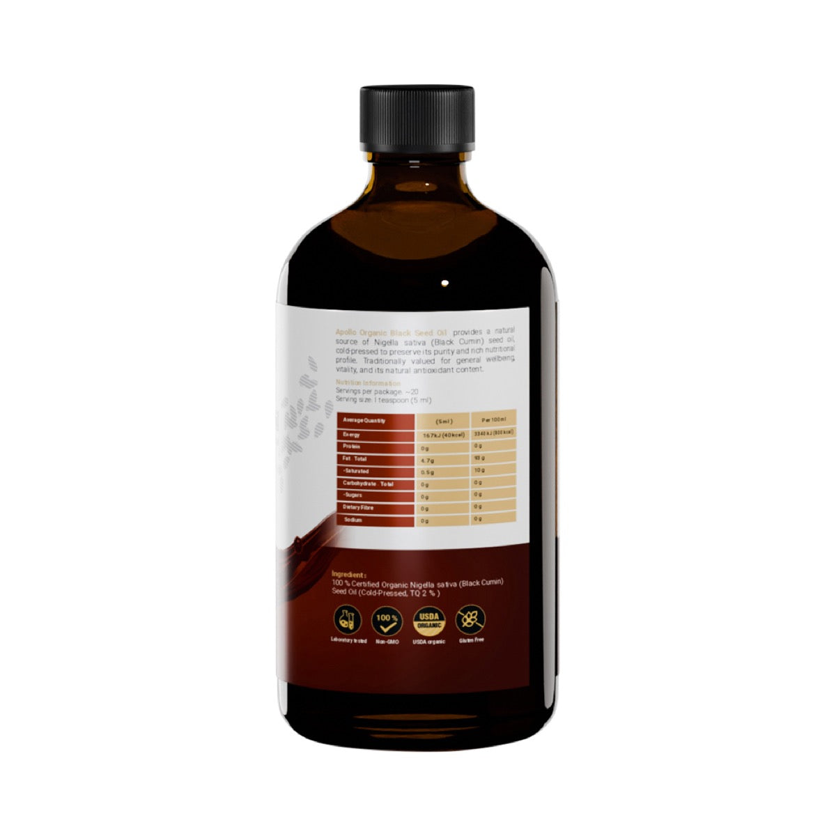 Apollo Organic Black Seed Oil TQ 2% 100ml nutrition and ingredient label