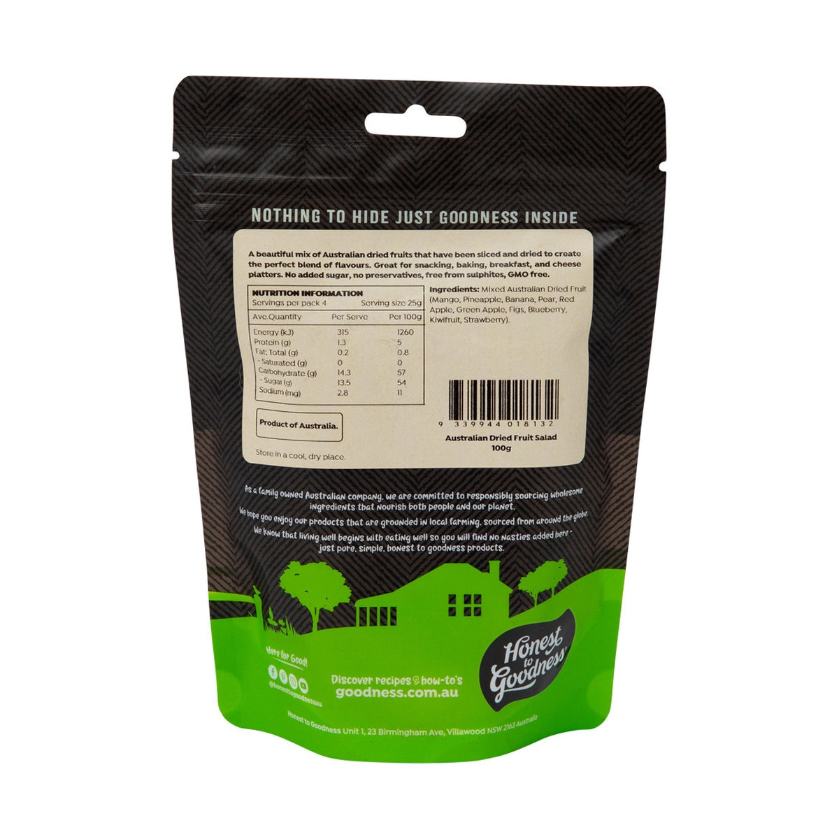 Honest to Goodness Australian Dried Fruit Salad 100g ingredients and nutrition label