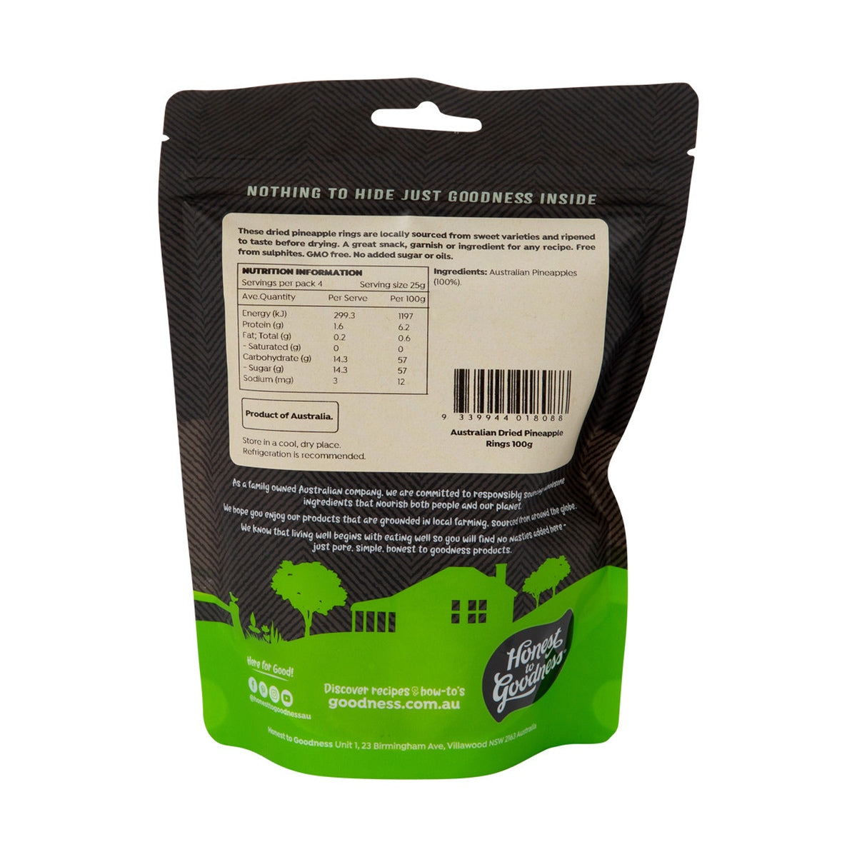 Honest to Goodness Australian Dried Pineapple Rings 100g ingredients and nutrition label