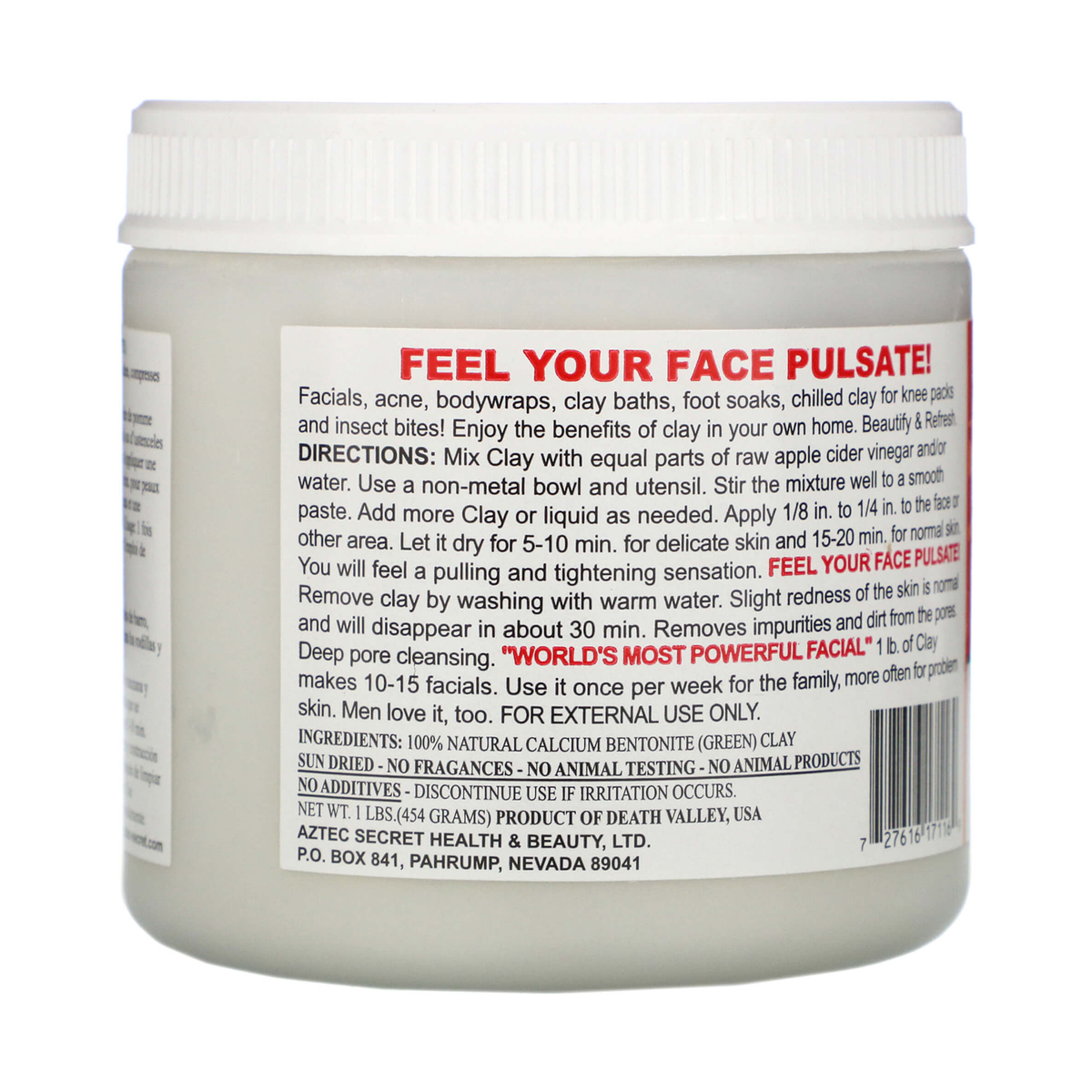 Aztec Secret Indian Healing Clay 454g rear label and directions