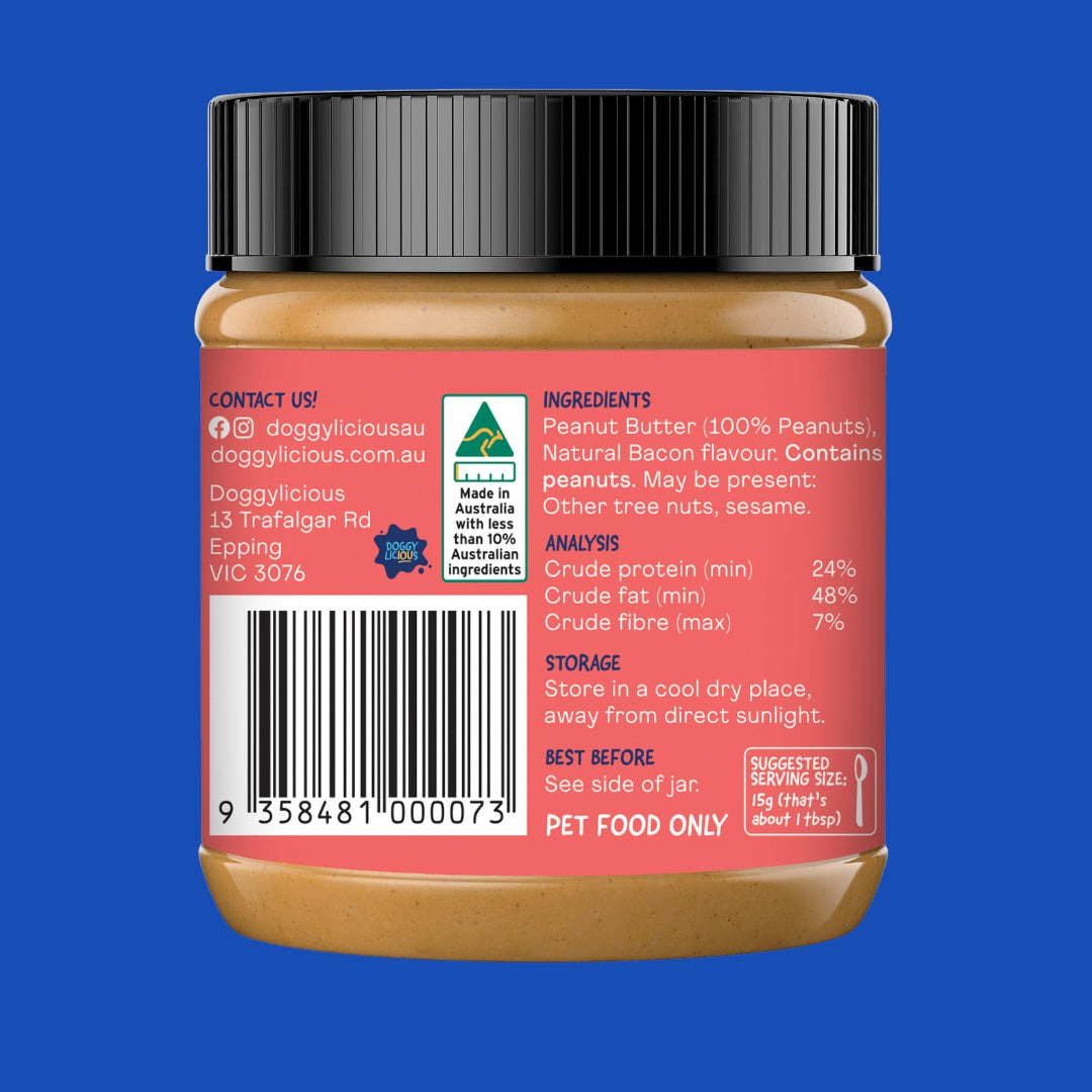 Doggylicious Barkin Bacon Doggy Butter 250g back label with ingredients and feeding guide
