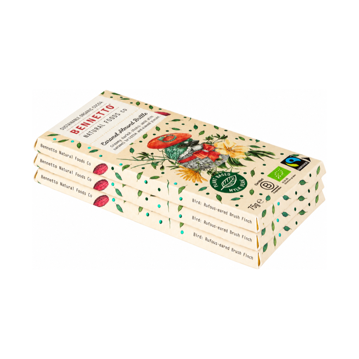 Bennetto Caramel Almond Brittle Mylk Chocolate 75g, 3 bars on white