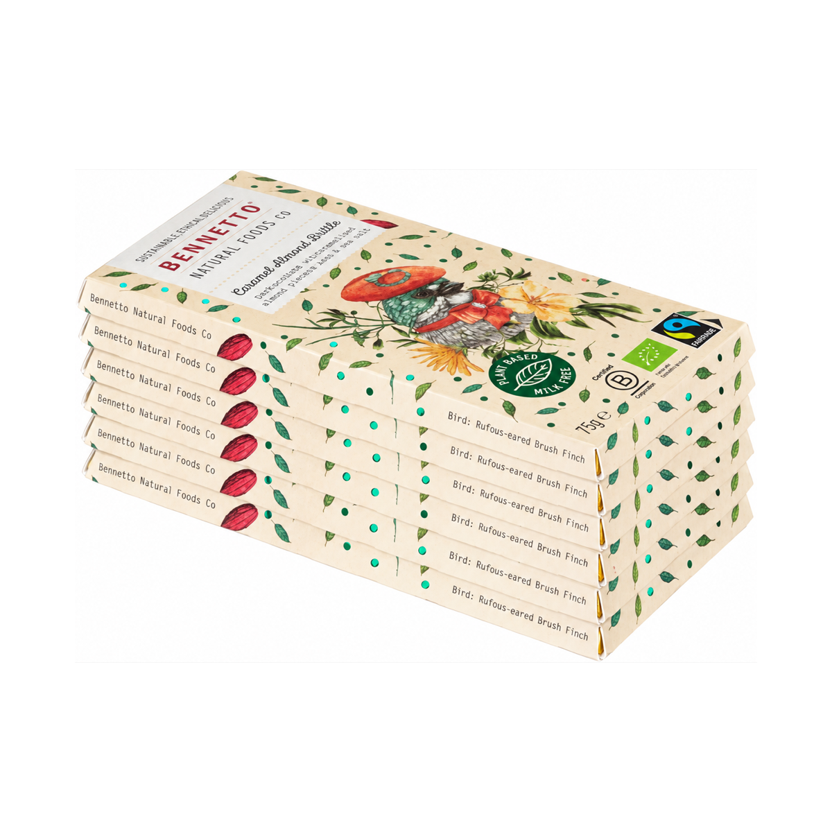 Bennetto Caramel Almond Brittle Mylk Chocolate 75g, 6 bars on white