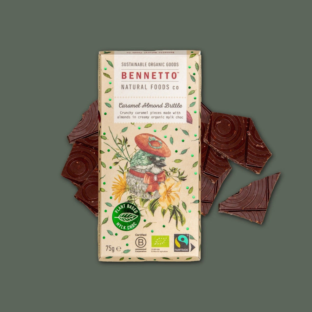 Bennetto Caramel Almond Brittle75g with chocolate pieces