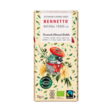 Bennetto Caramel Almond Brittle Mylk Chocolate 75g centred on a white background
