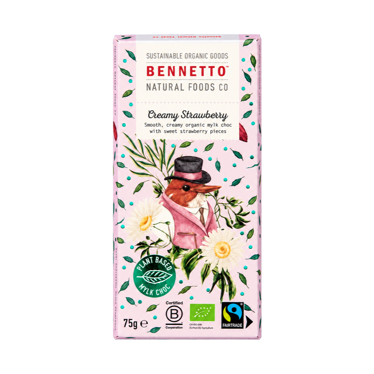 Bennetto Creamy Strawberry Mylk Chocolate 75g centred on a white background