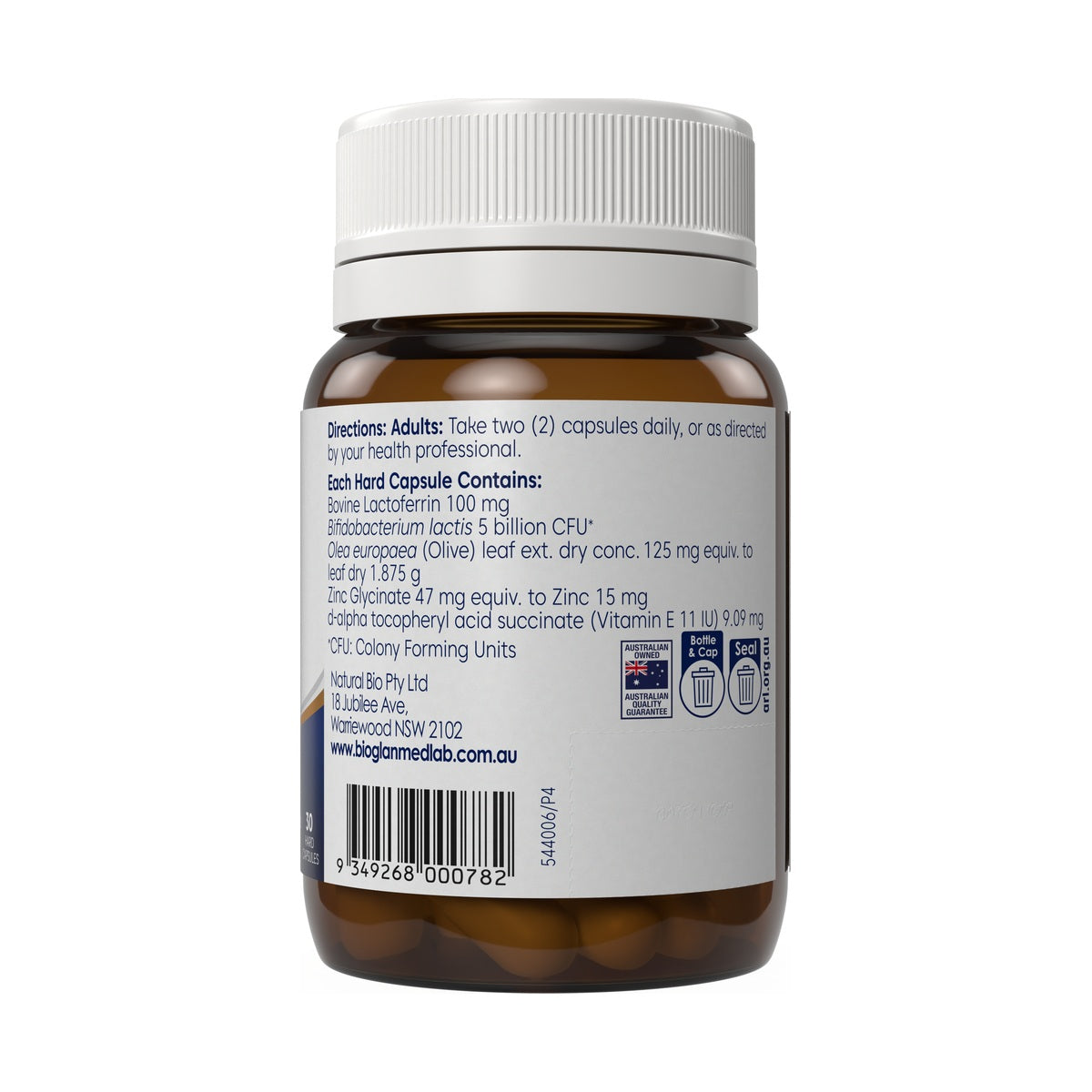 Bioglan Medlab Acne Relief Biotic+ 30 Capsules – ingredients and directions label