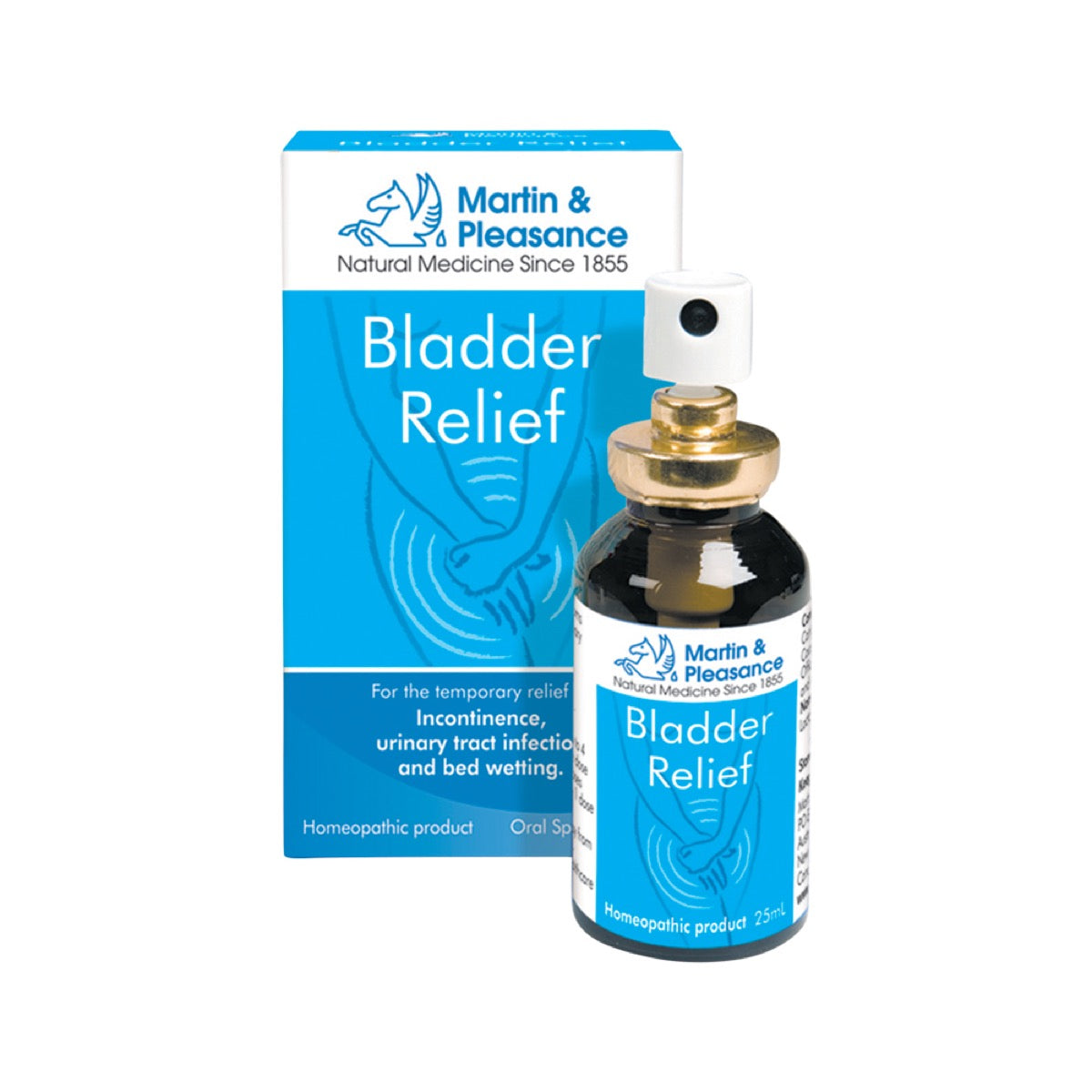 Martin & Pleasance Bladder Relief Spray 25ml box and oral spray bottle on white background