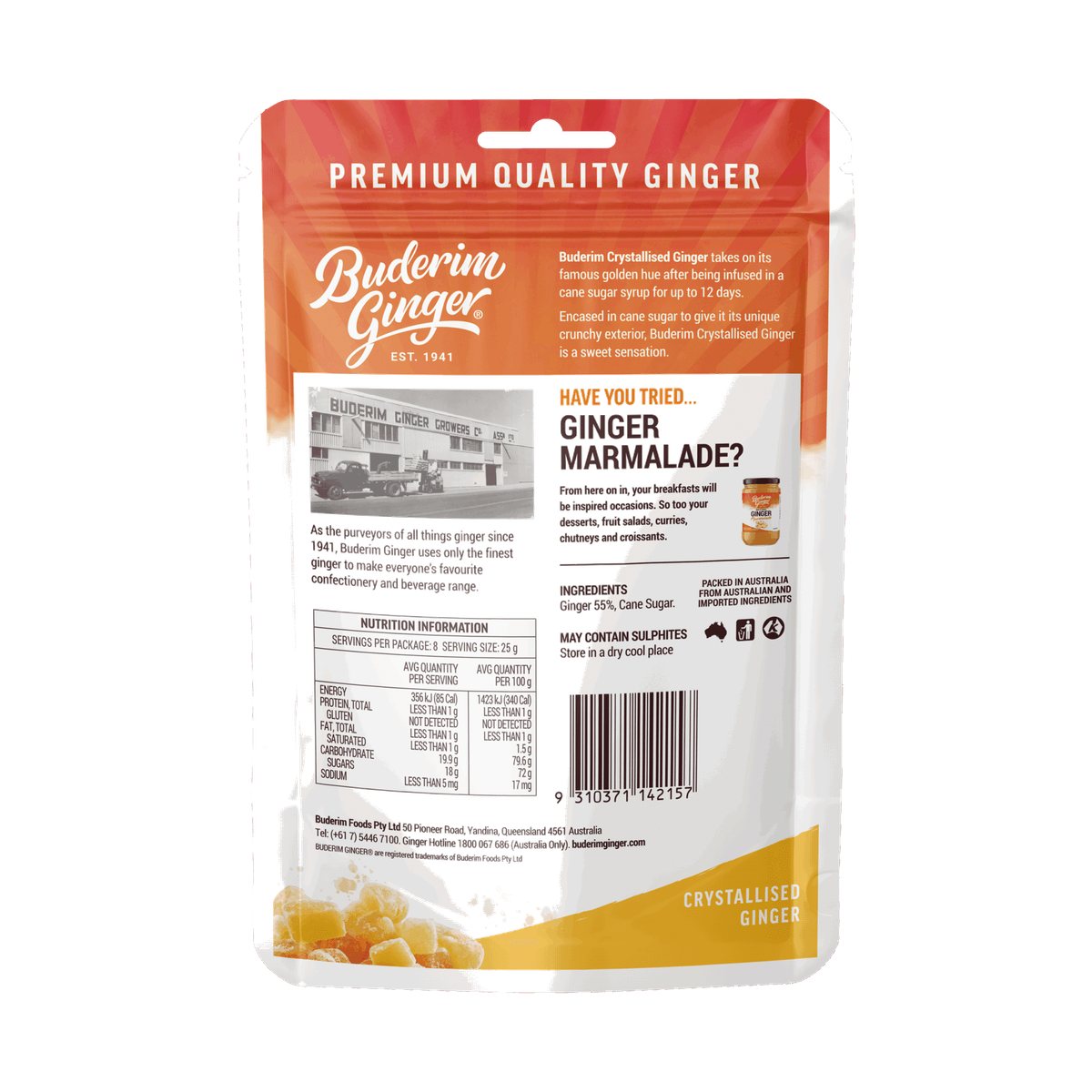 Buderim Crystallised Ginger 200g rear pack showing ingredients, nutrition and sulphite warning