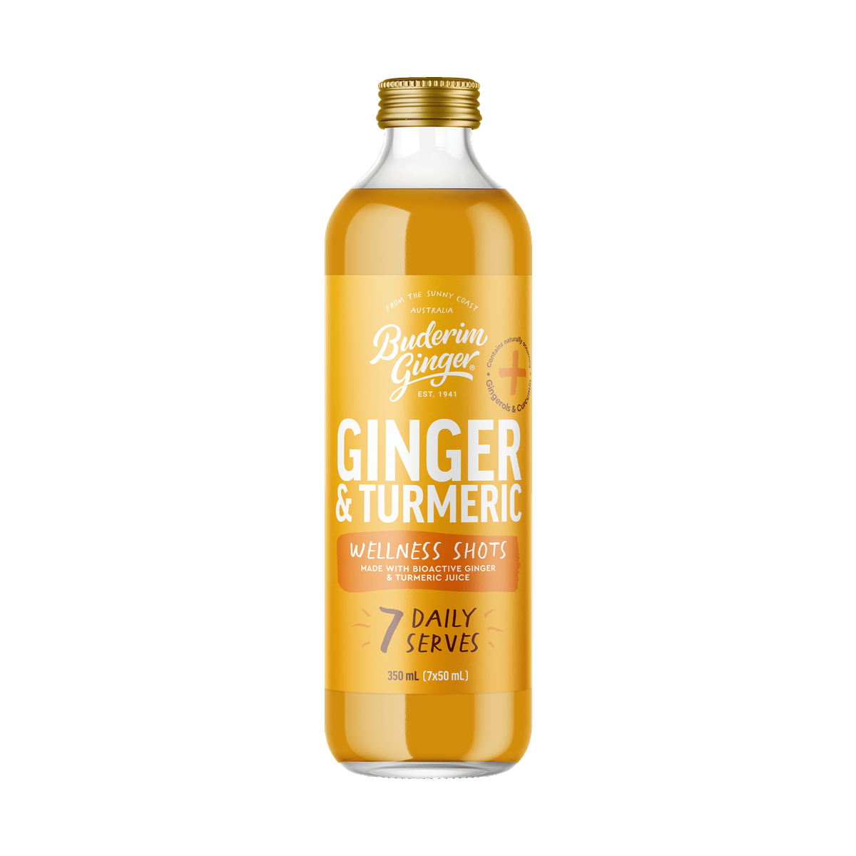 Buderim Ginger and Turmeric Wellness Shots 350ml manufacturer front bottle