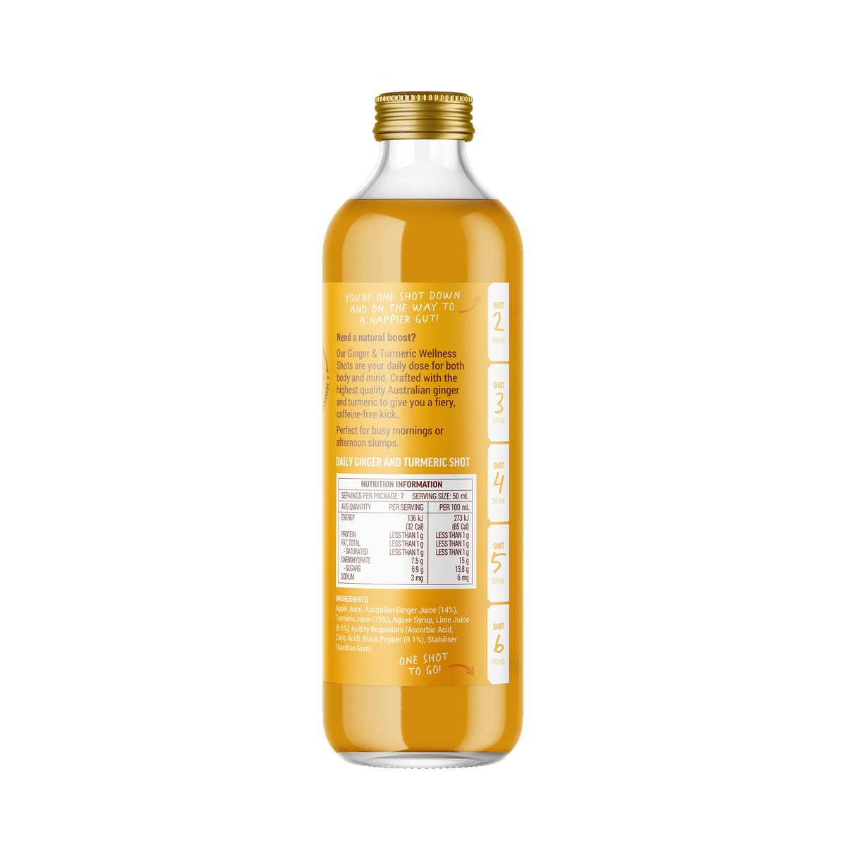 Buderim Ginger and Turmeric Wellness Shots 350ml rear ingredients and nutrition panel
