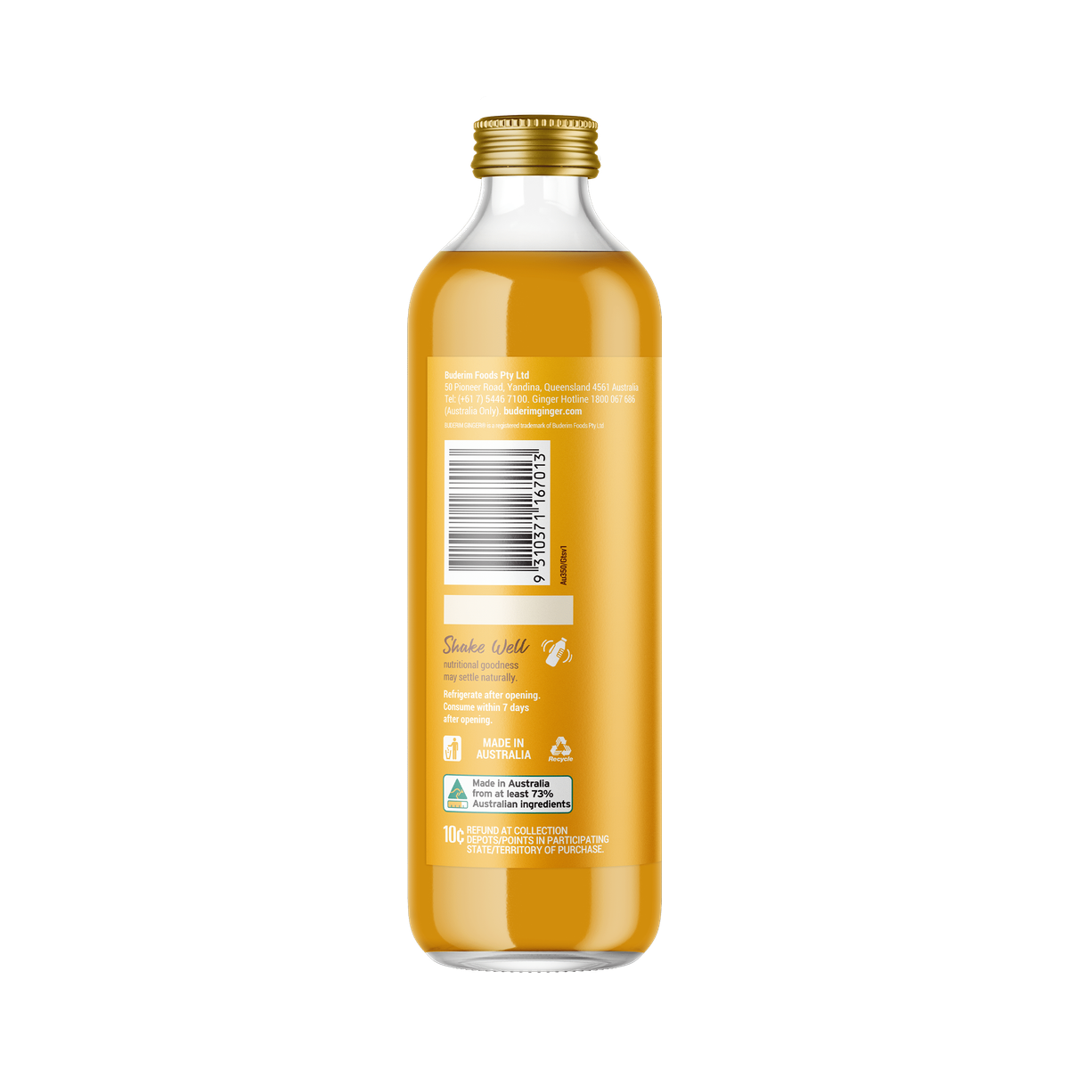 Buderim Ginger and Turmeric Wellness Shots 350ml barcode and seven-day storage panel