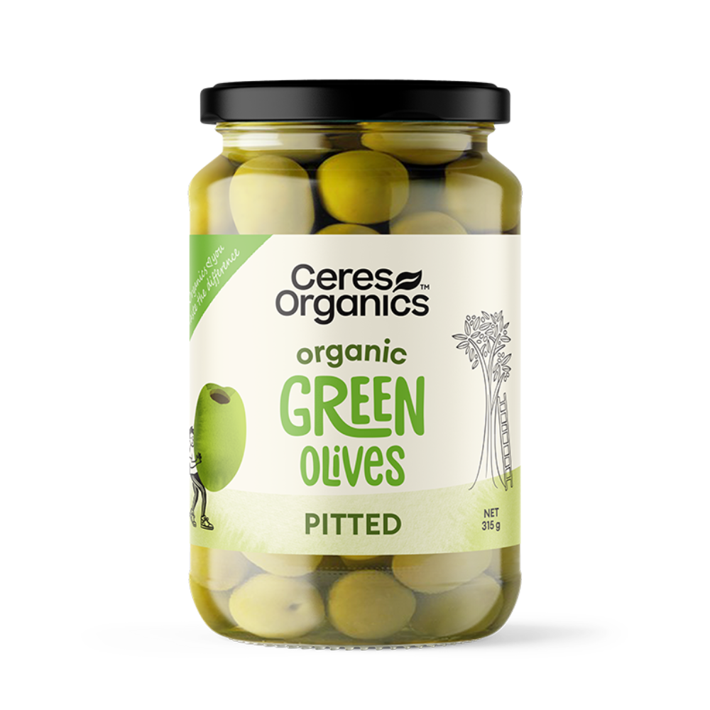 Ceres Organics Organic Green Olives Pitted 315g pack, front view