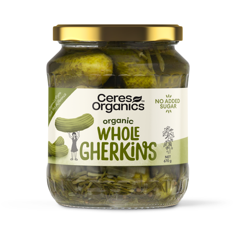 Ceres Organics Organic Whole Gherkins 670g pack, front view