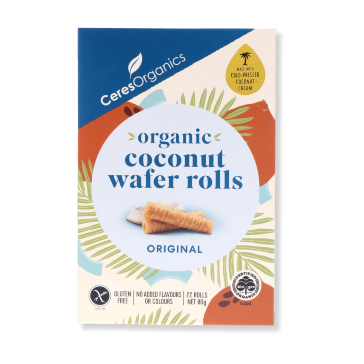 Ceres Organics Organic Coconut Wafer Rolls Original 80g pack, front view