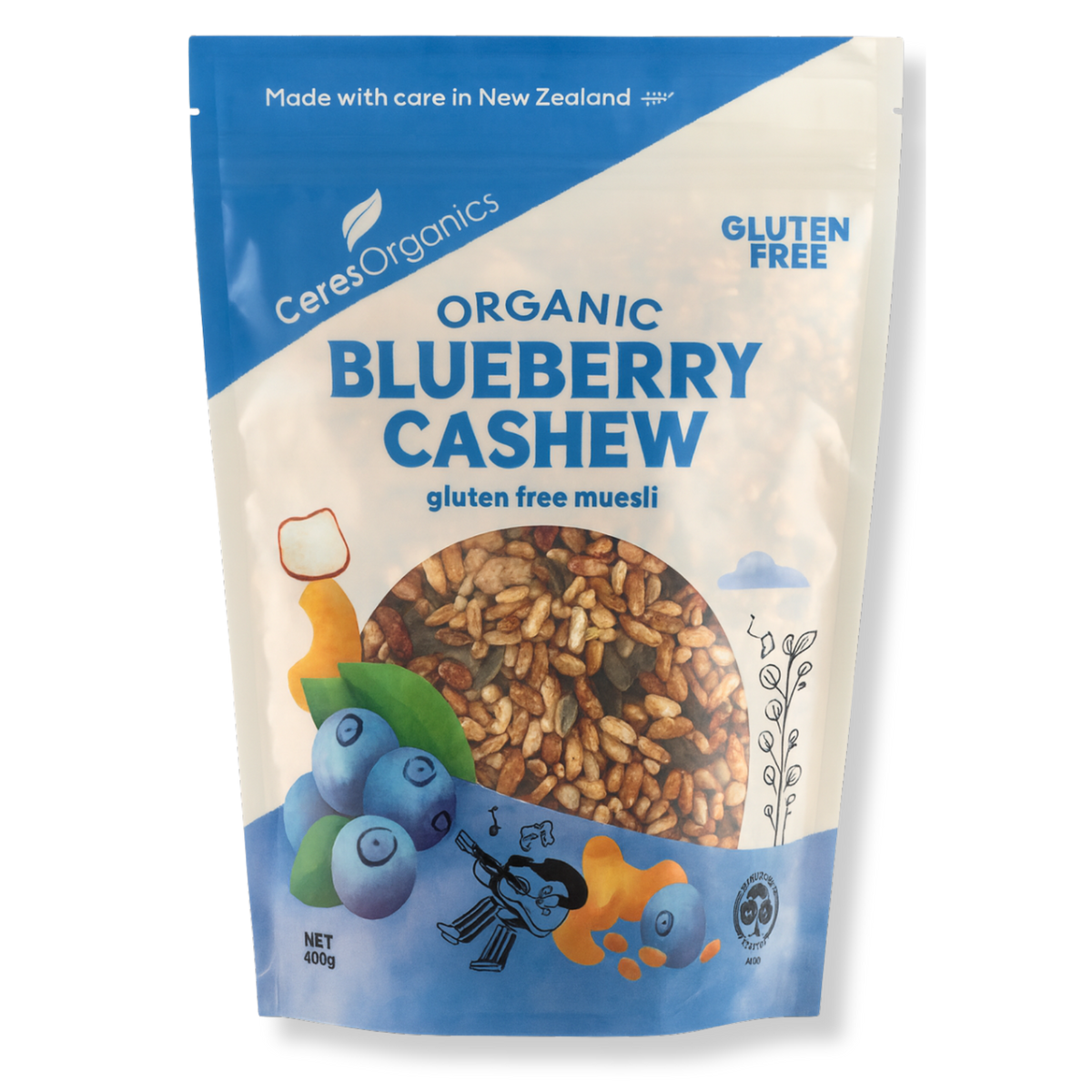 Ceres Organics Organic Blueberry Cashew Gluten Free Muesli 400g pack, front view