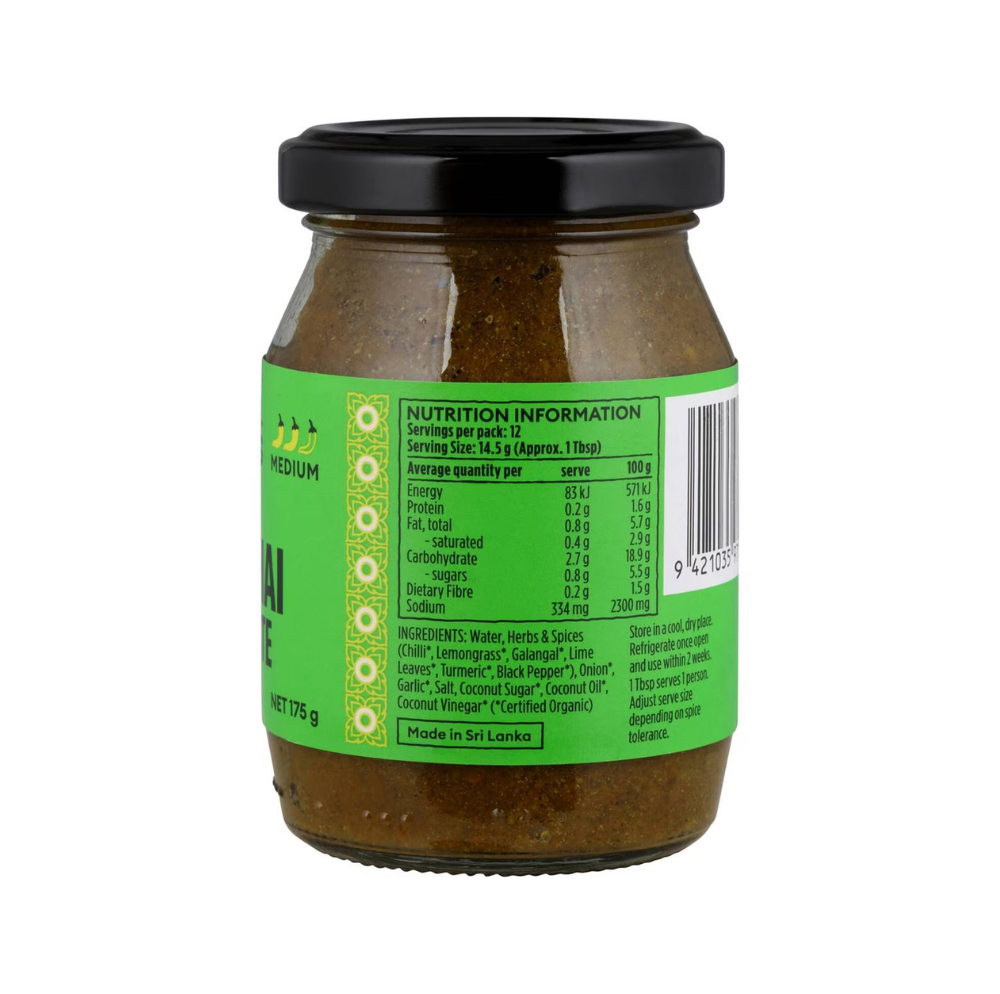 Ceres Organics Organic Green Thai Curry Paste 175g back label showing ingredients, directions and nutrition