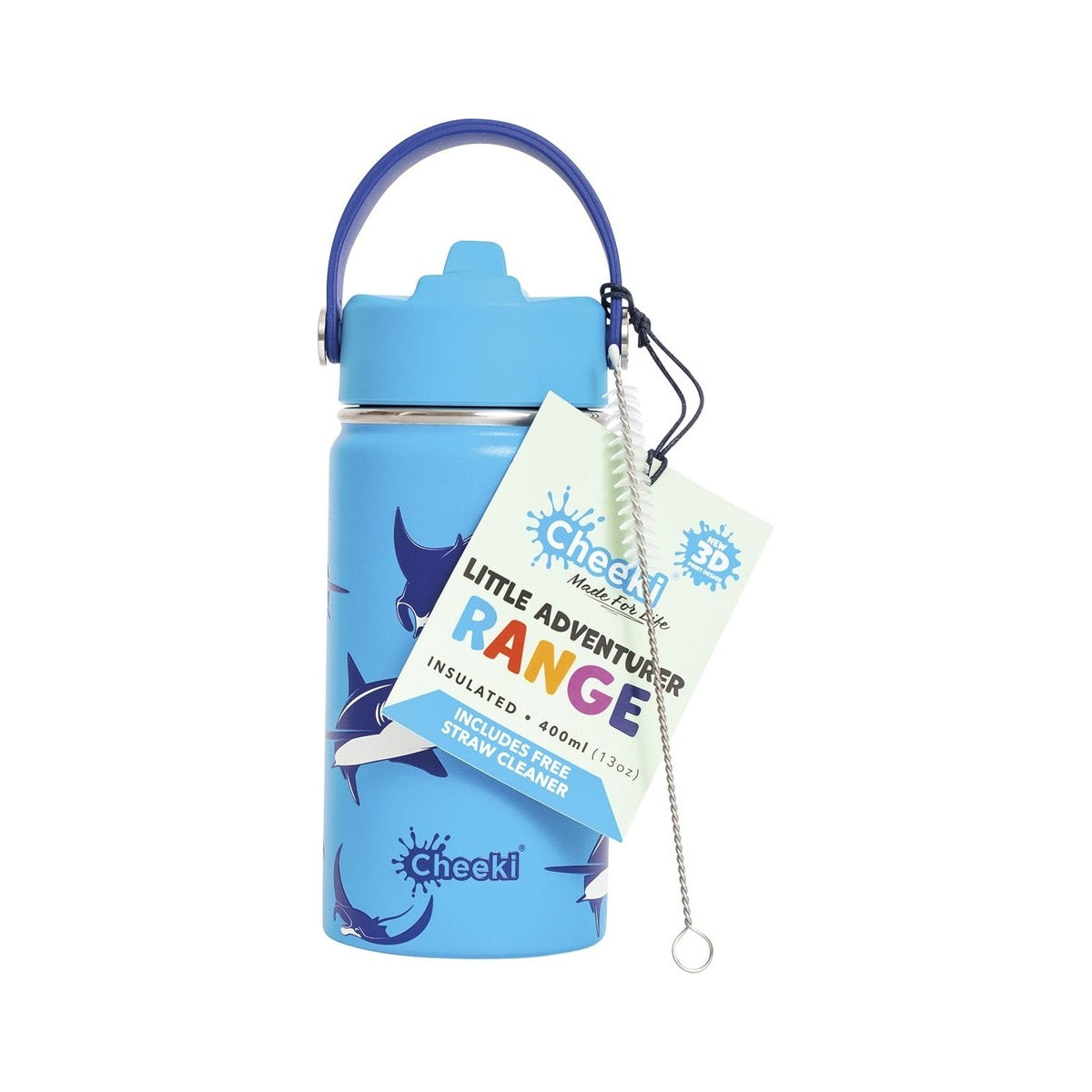 Cheeki Kids Insulated Bottle 400ml Sharks white background packshot