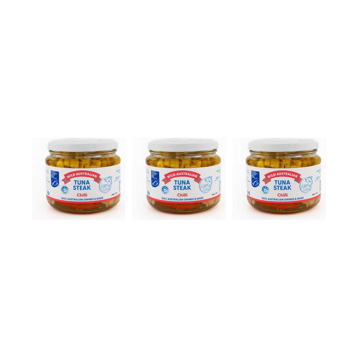 Little Tuna Wild Australian Tuna Steak in Chilli 290g — 3 matching jars