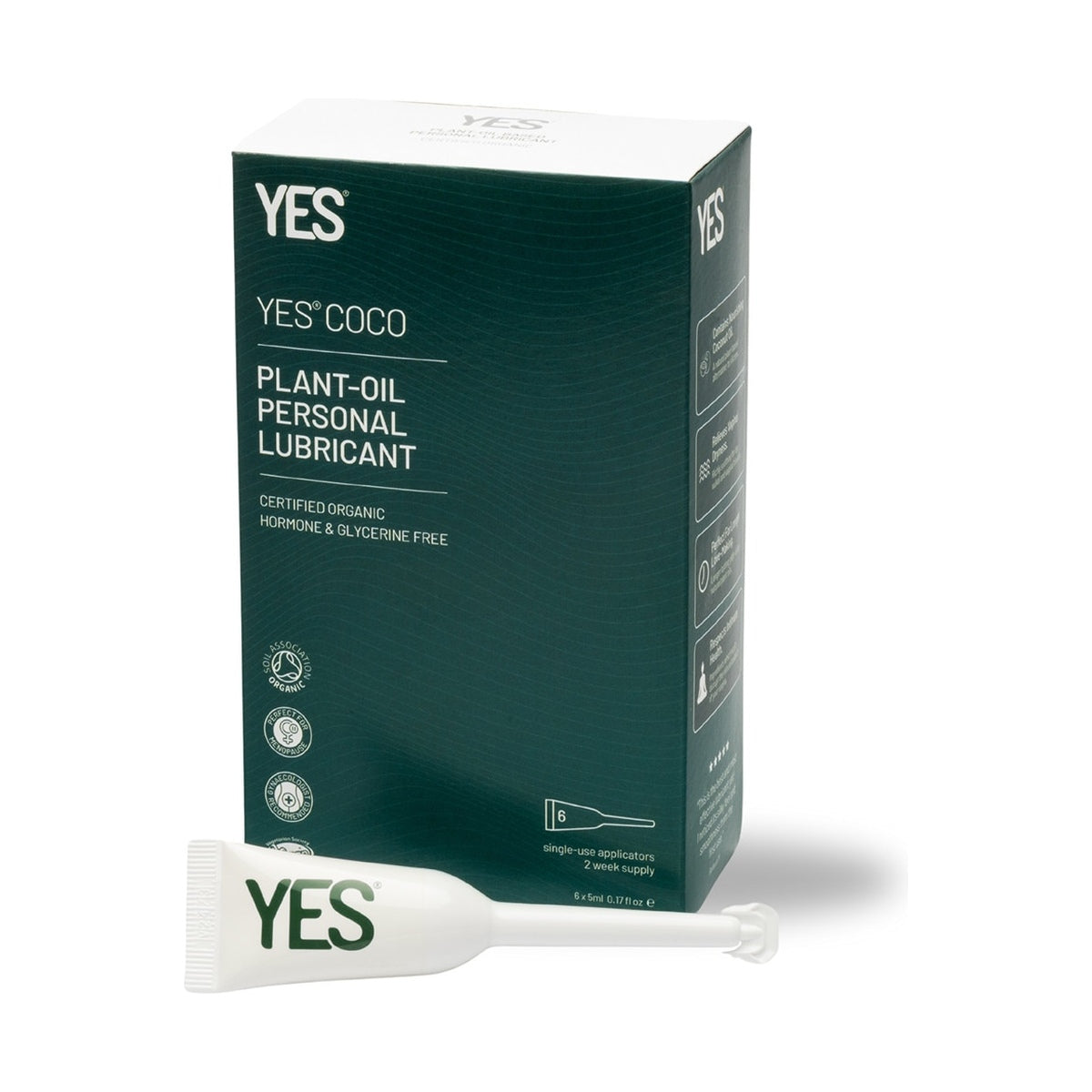YES COCO Plant-Oil Personal Lubricant Applicators 6 x 5ml carton and single-use applicator on a white background