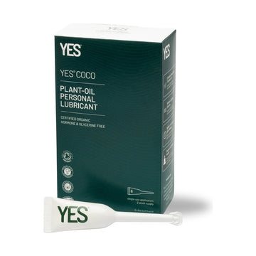 YES COCO Plant-Oil Personal Lubricant Applicators 6 x 5ml carton and single-use applicator on a white background