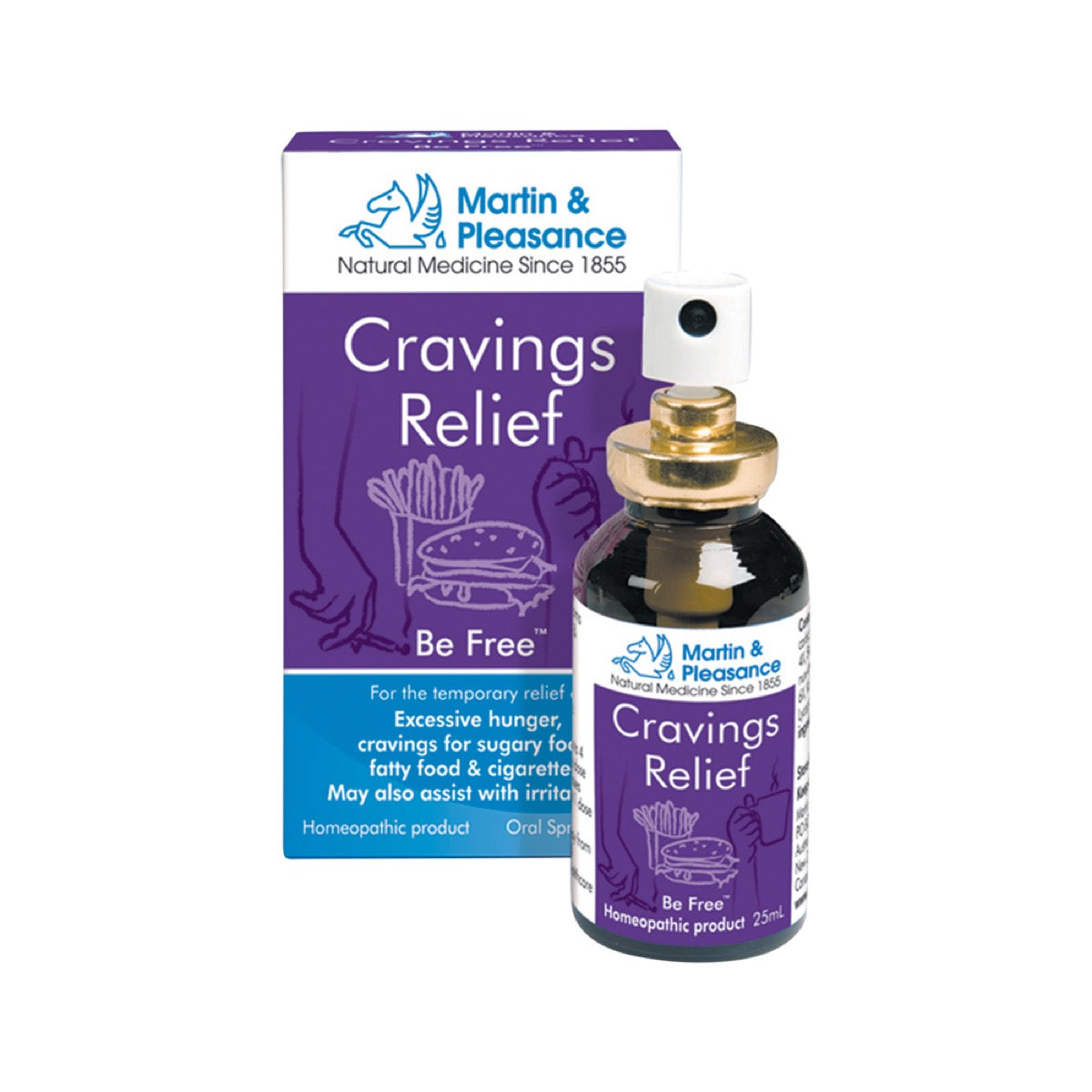 Martin & Pleasance Cravings Relief Spray 25ml box and oral spray bottle on white background