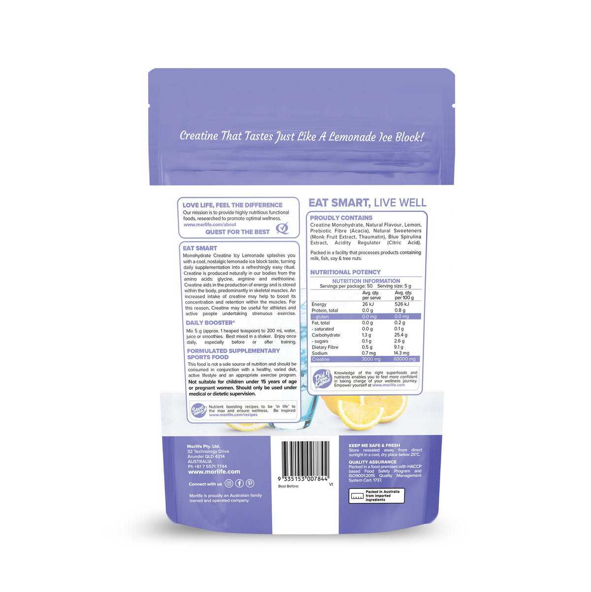 Morlife Creatine Icy Lemonade 250g label with product information