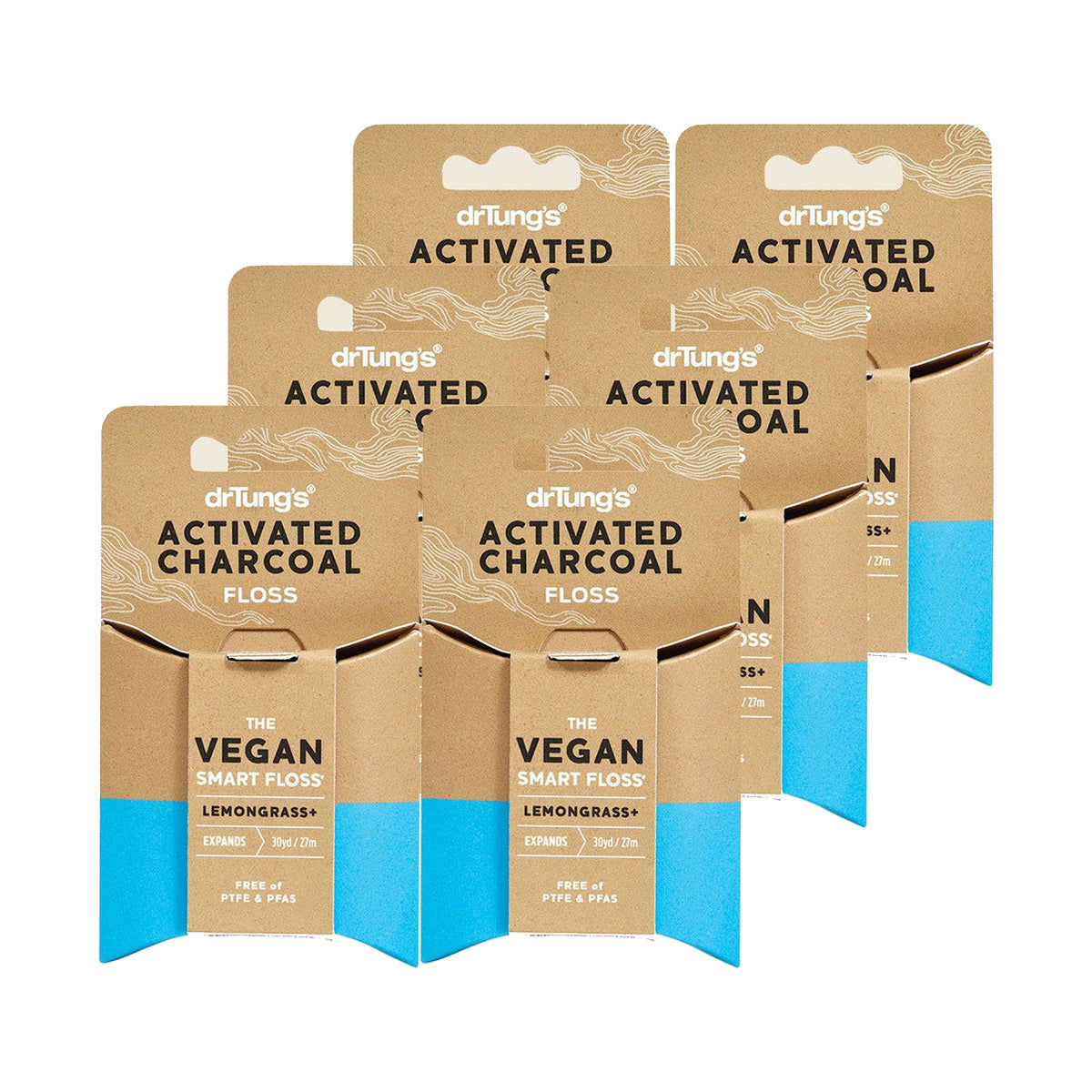 Six Dr. Tung's Smart Vegan Activated Charcoal Dental Floss 27m dispensers on a white background