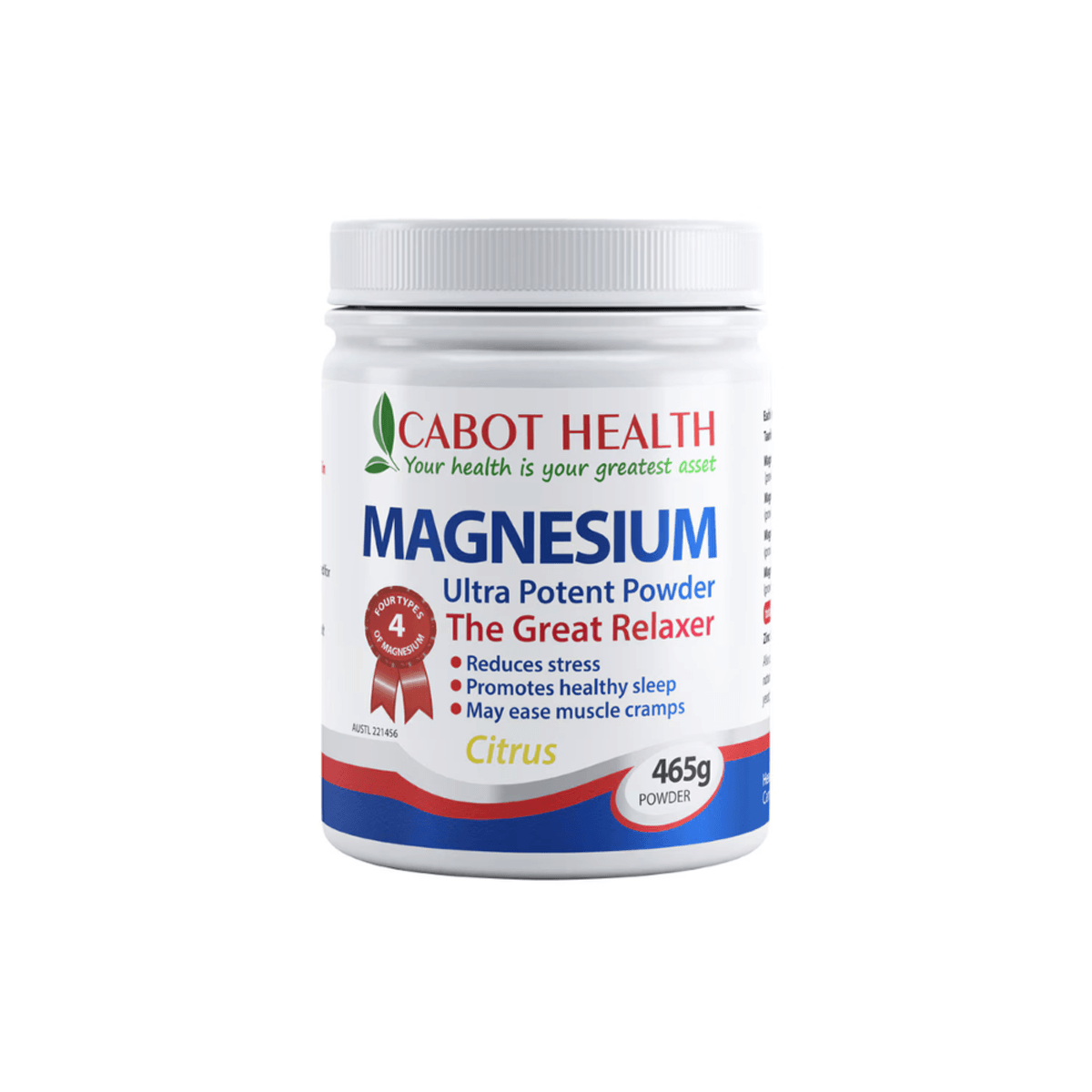 Cabot Health Ultra Potent Magnesium Powder Citrus 465g front tub