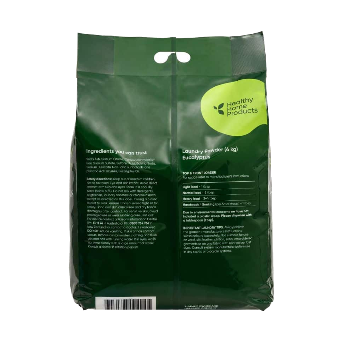 Abode Laundry Powder Eucalyptus 4kg Pouch rear label with ingredients, dosing and safety directions