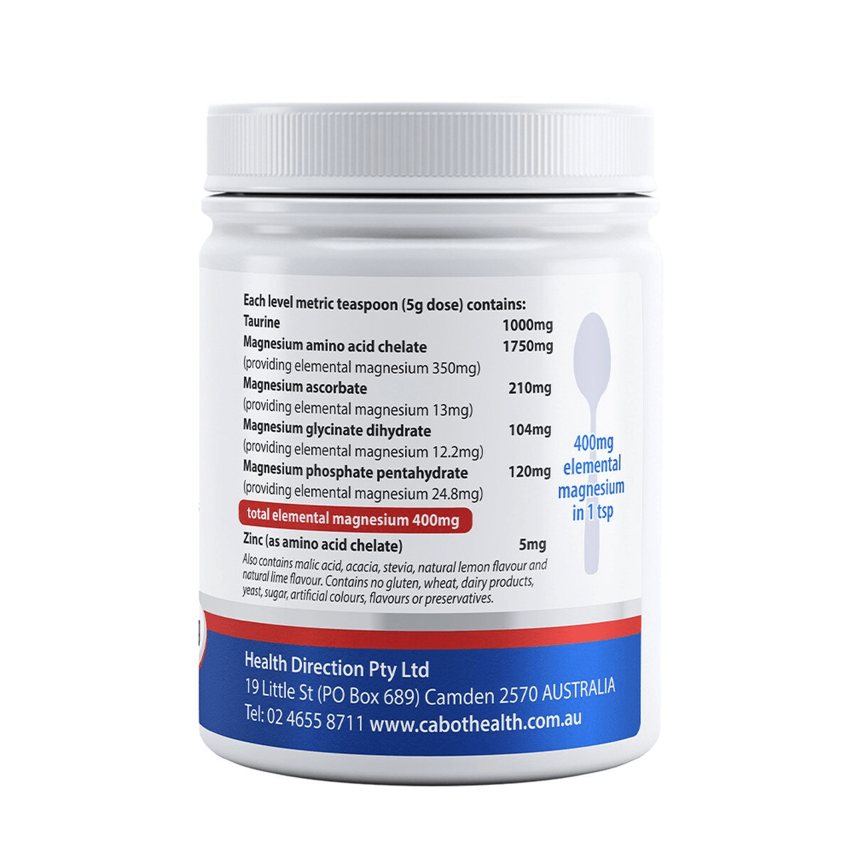 Cabot Health Magnesium Ultra Potent Citrus Powder 200g back label