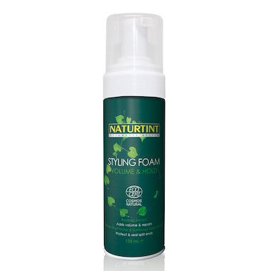 Naturtint Styling Foam 125ml for volume and hold, enriched with organic oils, enhances shine and maintains hair color.