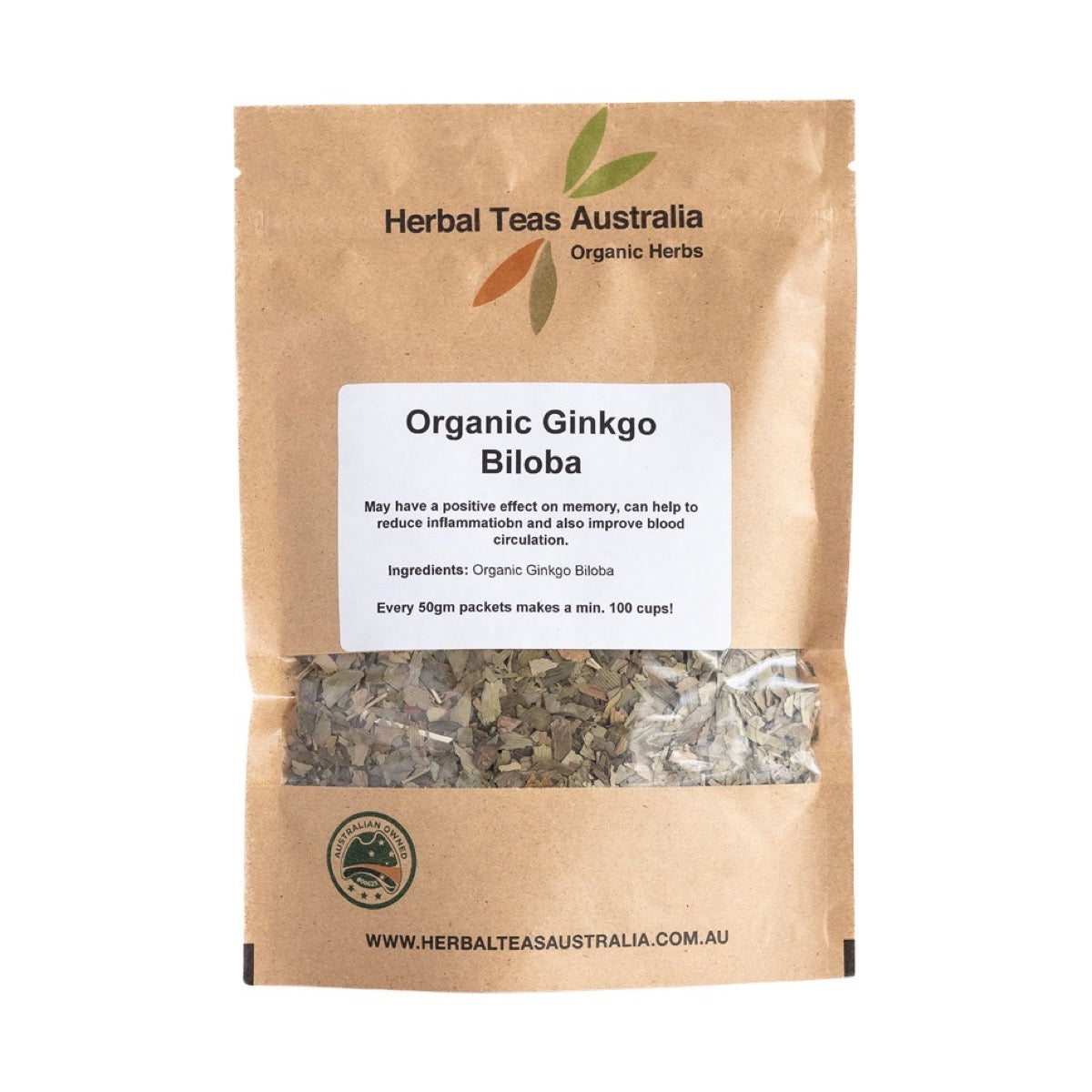 Herbal Teas Australia Organic Ginkgo Biloba Tea 50g front pack on white background