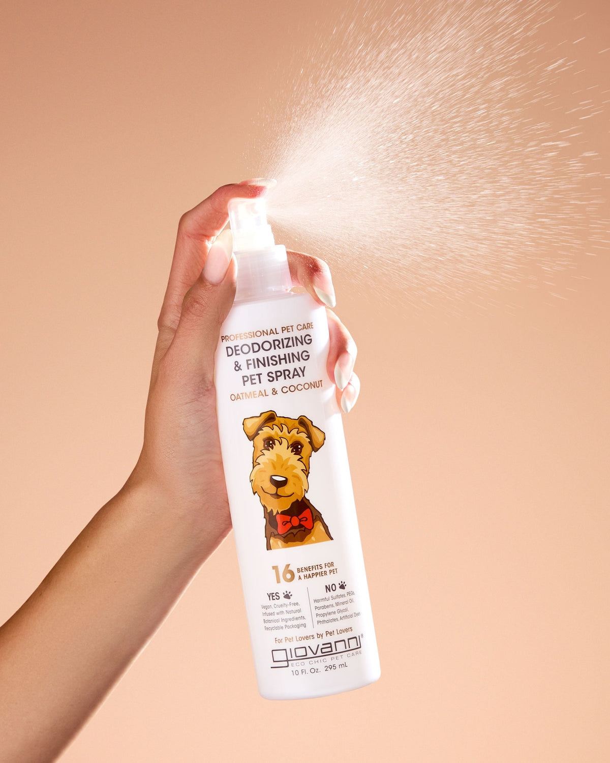 Giovanni Deodorizing & Finishing Pet Spray 295ml being misted