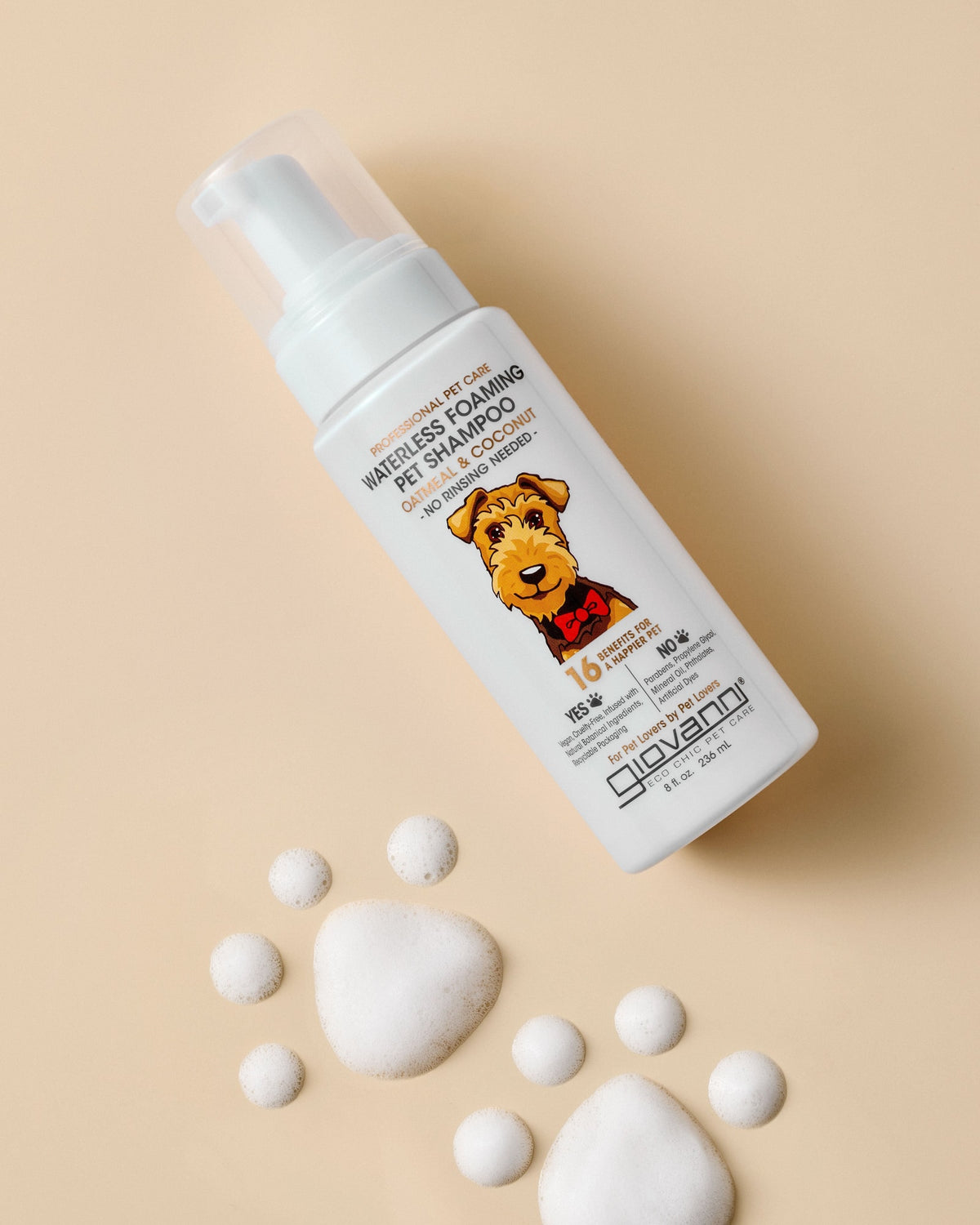 Giovanni Waterless Foaming Pet Shampoo 236ml with a foam paw shape