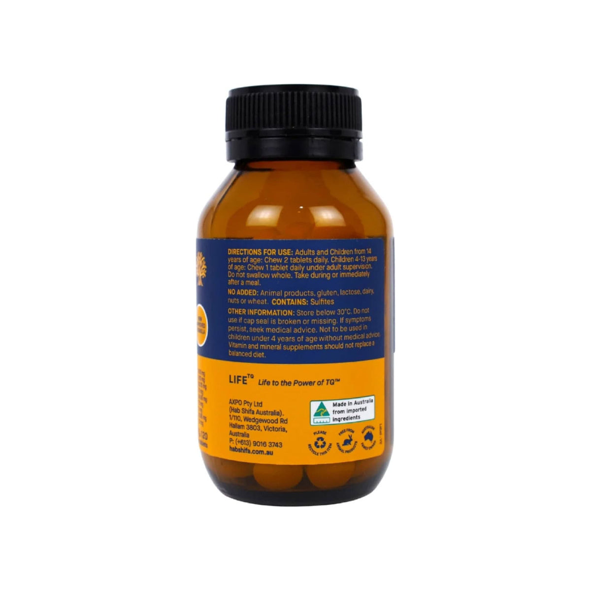 Hab Shifa ImmuneQ Organic Black Seed Chewable Orange 120 Tablets directions and warning label