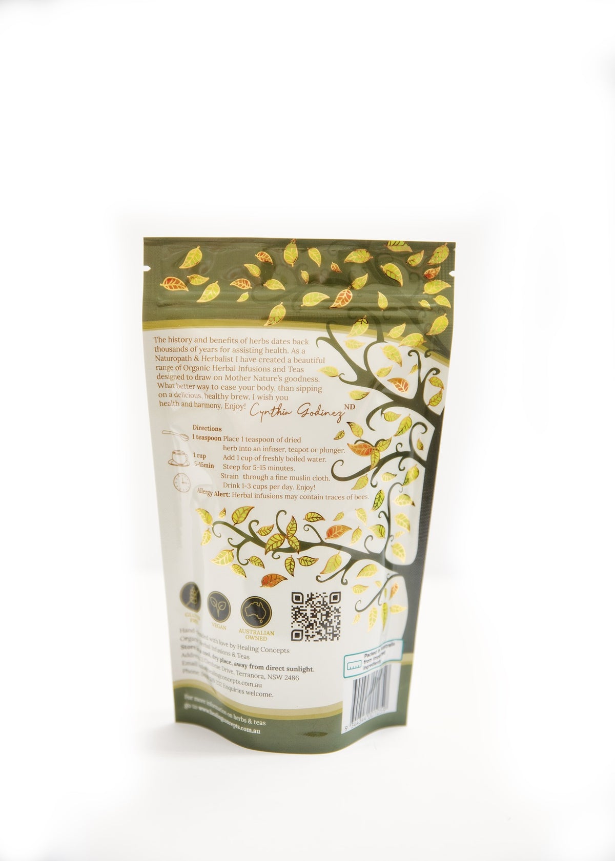 Healing Concepts Organic Mullein 40g back label: brewing directions and allergy alert