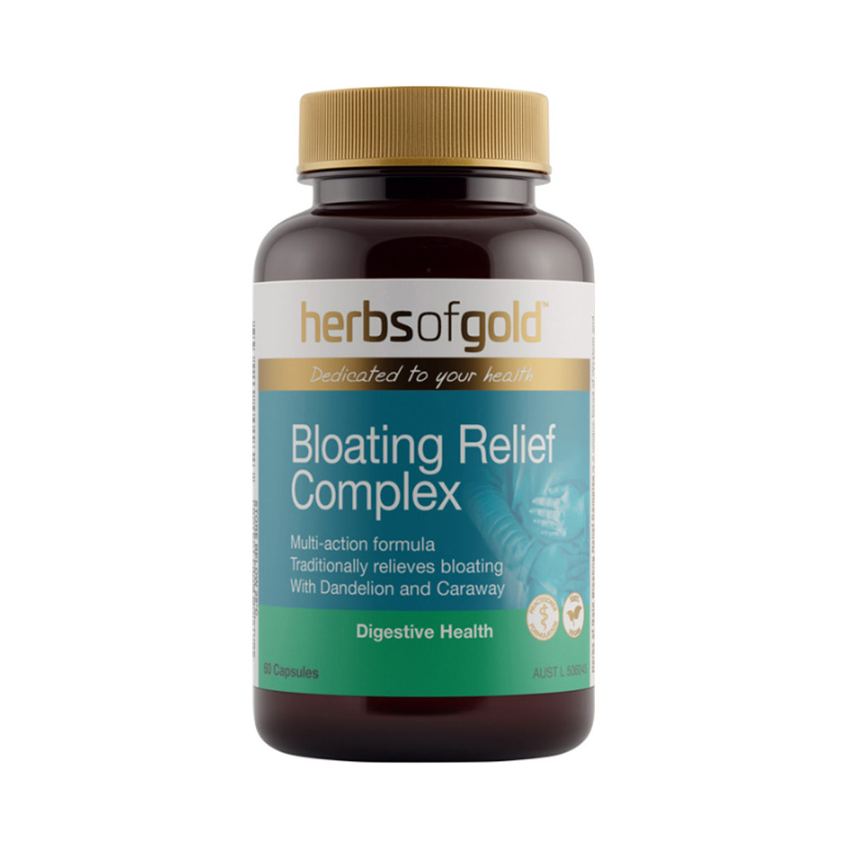 Herbs of Gold Bloating Relief Complex 60 Capsules front product image