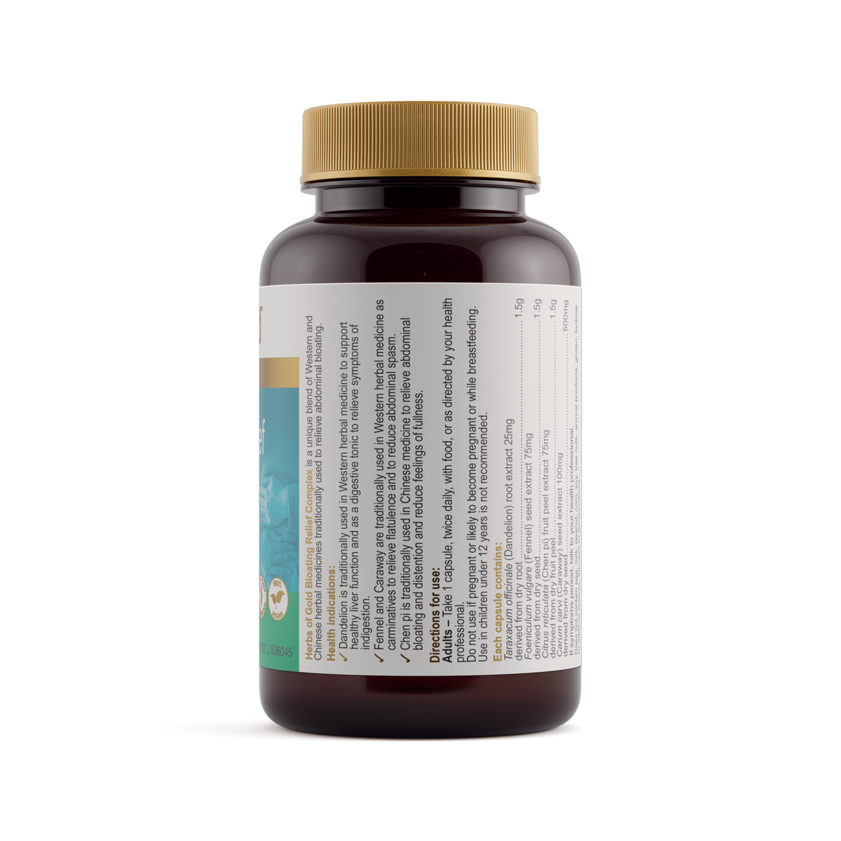 Herbs of Gold Bloating Relief Complex 60 Capsules — ingredients label