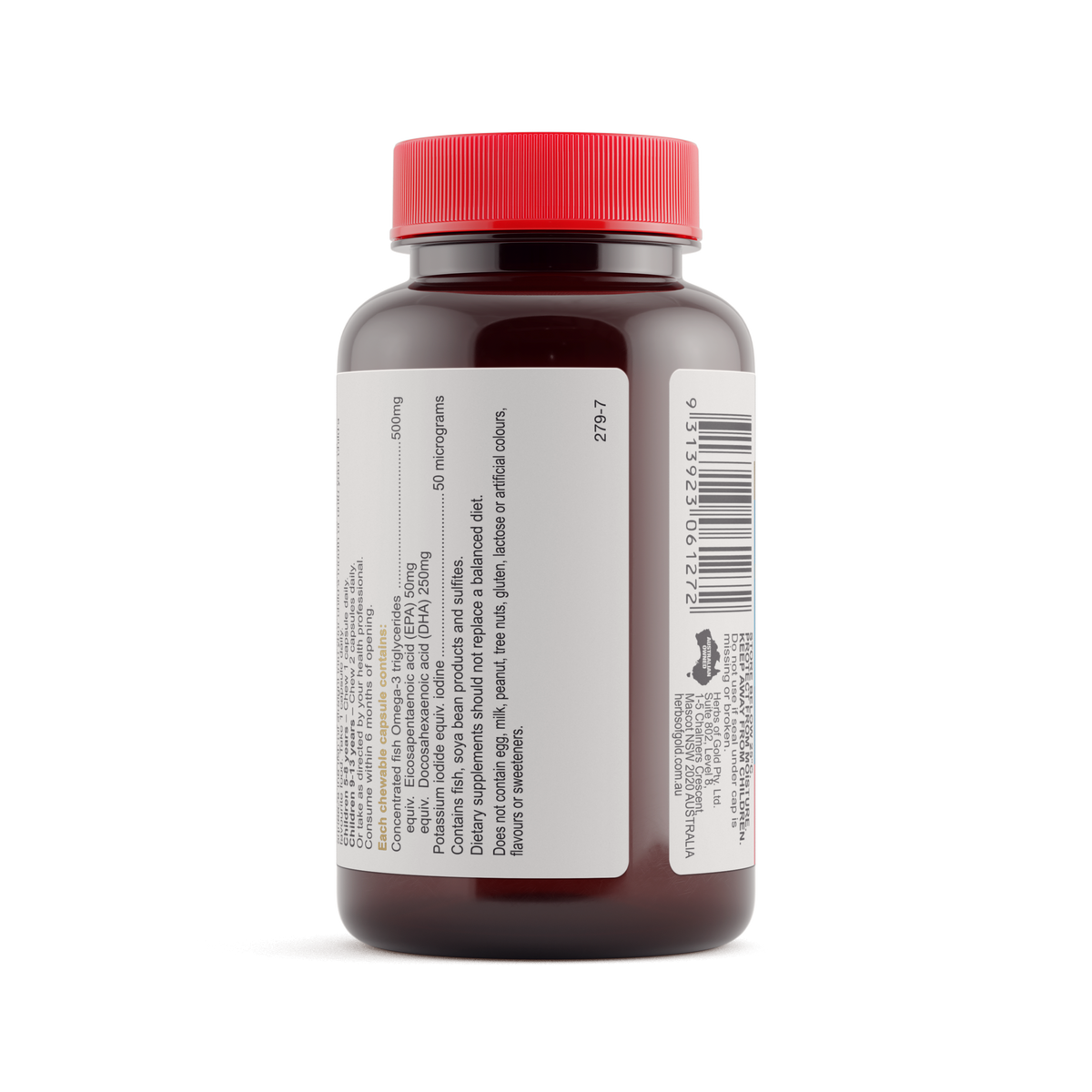 Herbs of Gold Childrens Fish-i Care 60 Capsules — directions and warnings label