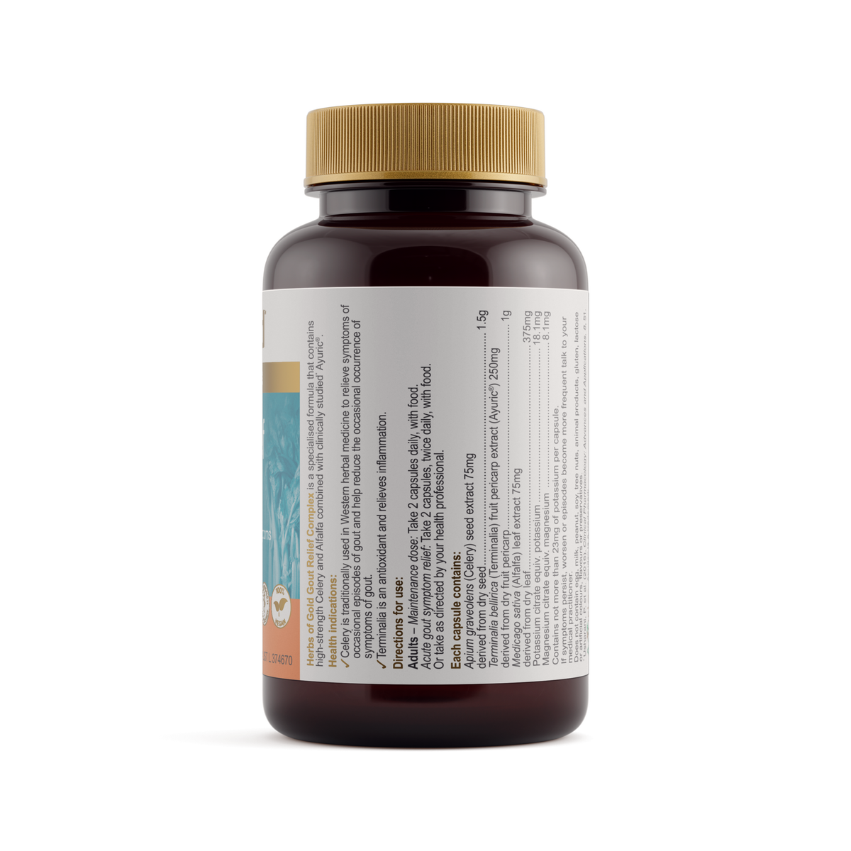 Herbs of Gold Gout Relief Complex 60 Capsules — ingredients label