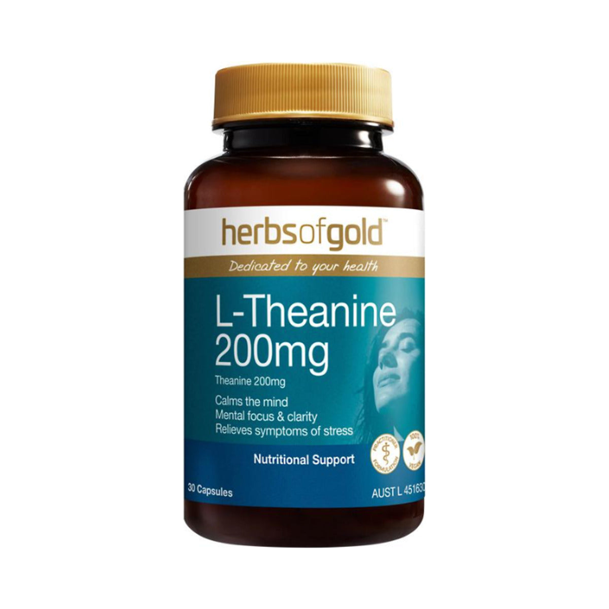 Herbs of Gold L-Theanine 200mg 30 Capsules front product image
