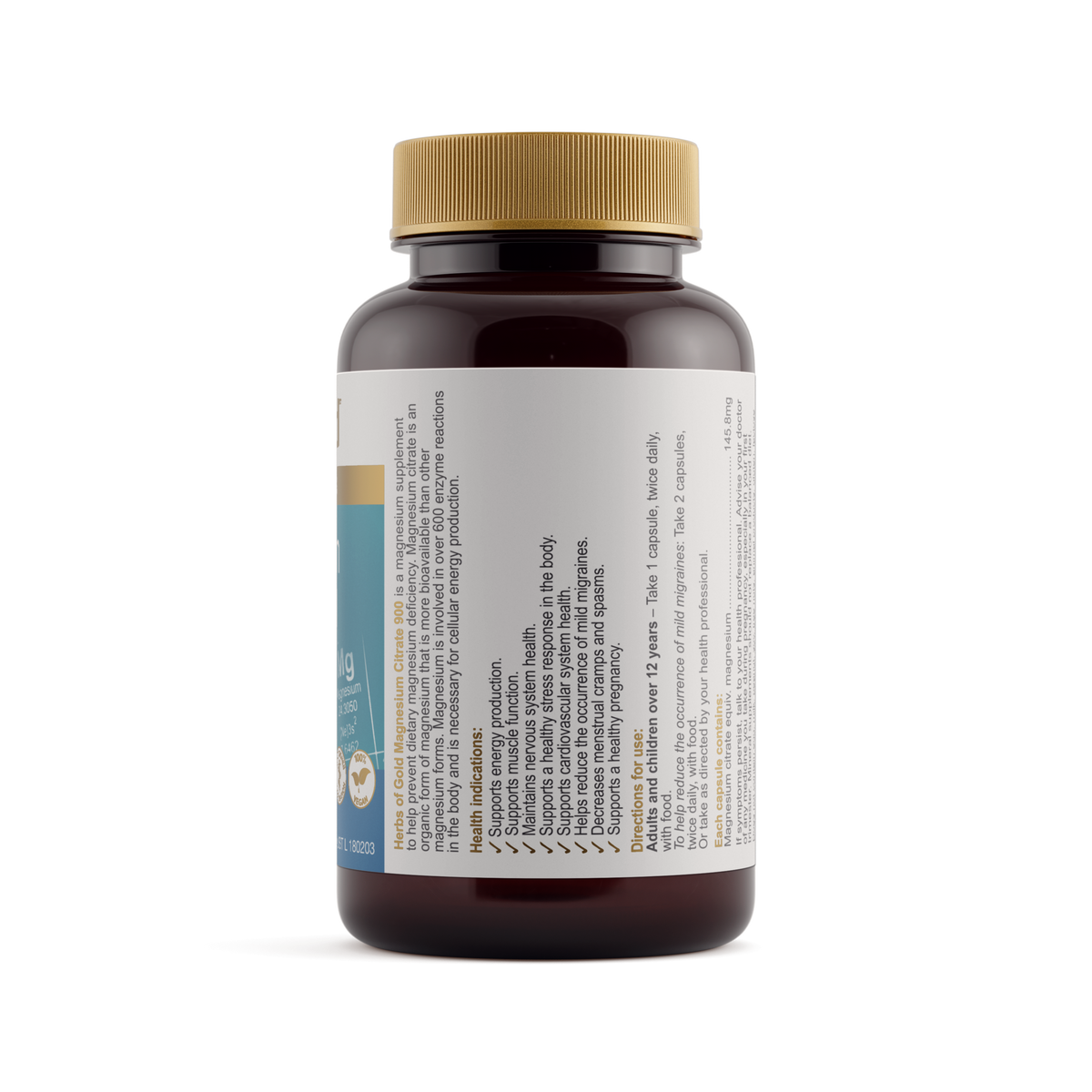 Herbs of Gold Magnesium Citrate 900 60 Capsules — ingredients label