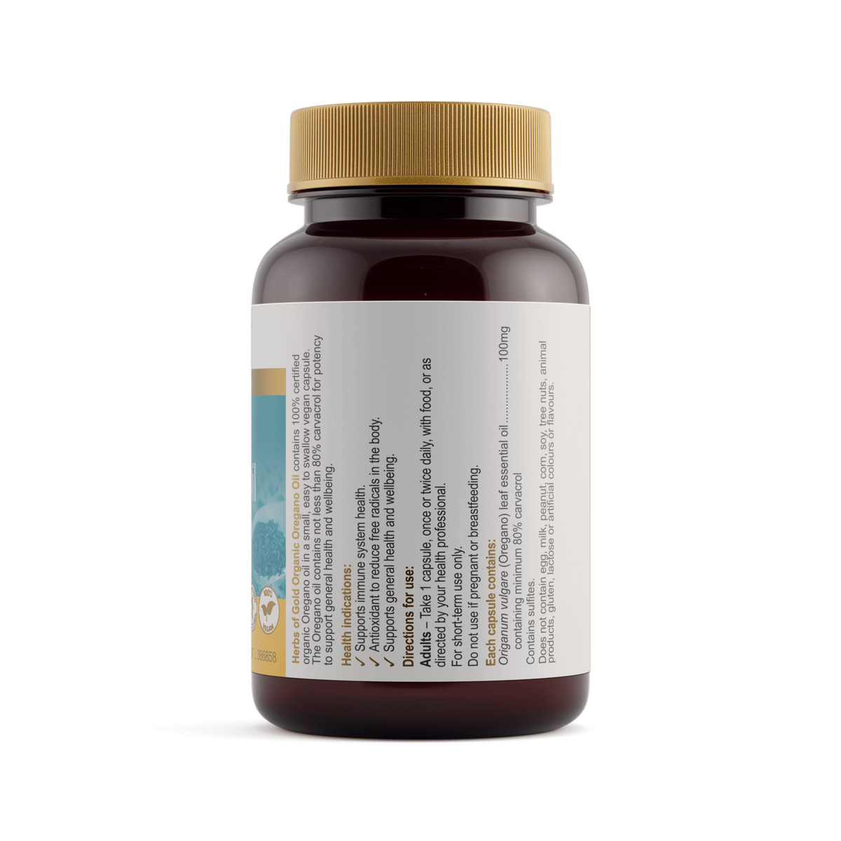 Herbs of Gold Organic Oregano Oil 60 Capsules — ingredients label