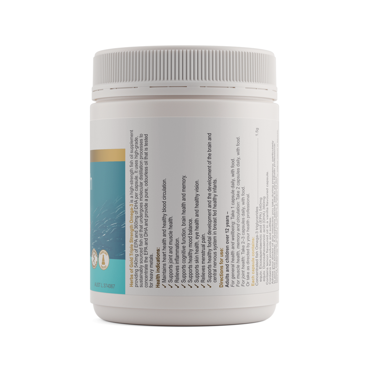 Herbs of Gold Triple Strength Omega-3 150 Capsules — ingredients label