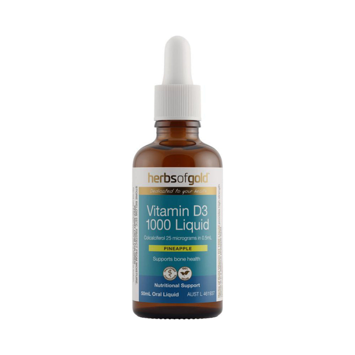 Herbs of Gold Vitamin D3 1000 Pineapple Liquid 50ml front product image